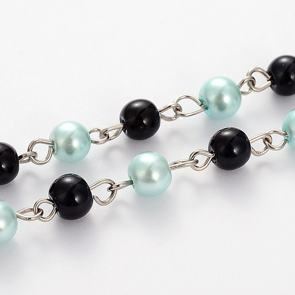 

PandaHall Glass Pearl Round Beads Chains for Necklaces Bracelets Making, with Platinum Iron Eye Pin, Unwelded, Pale Turquoise, 39.3 inch..., Cyan