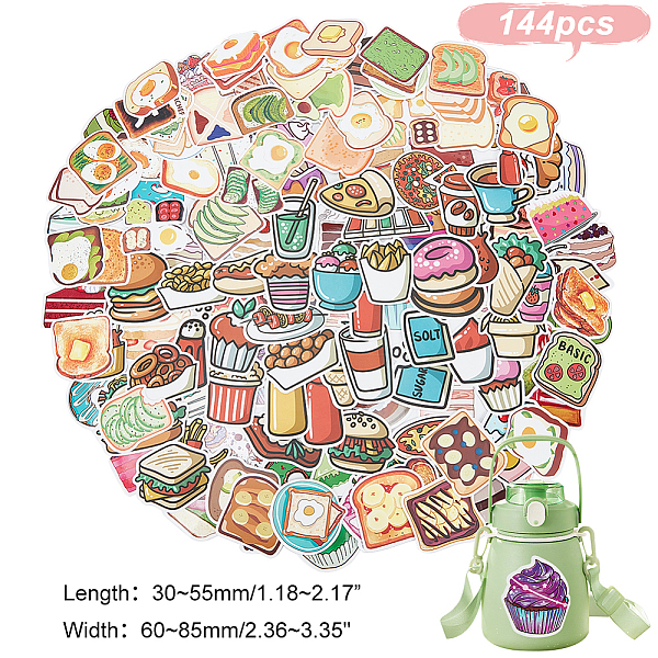 

PandaHall PH 144pcs Food Theme Stickers, 3 Series Self-Adhesive Stickers with Cake Bread Hamburger Waterproof Laptop Decals for Water..., Multicolor