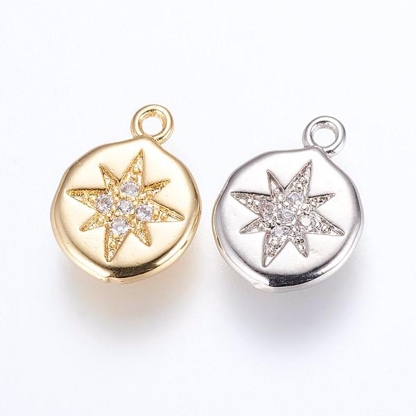

PandaHall Brass Charms, with Cubic Zirconia, Flat Round with Star, Mixed Color, 13x9.5x2mm, Hole: 1mm Brass+Cubic Zirconia Flat Round Clear