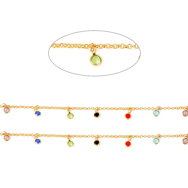 

PandaHall 3.28 Feet Brass Rolo Chains, with Glass Cubic Zirconia Charms, Soldered, Long-Lasting Plated, Flat Round, Colorful, Real 18K Gold...