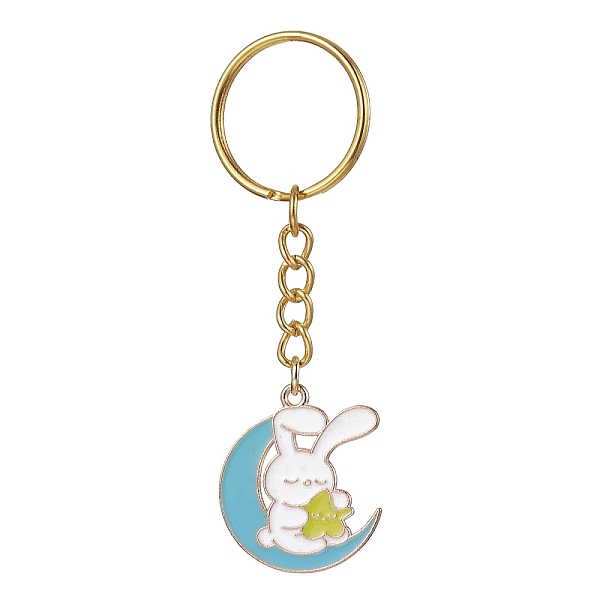 

PandaHall Moon with Rabbit Alloy Enamel Pendant Keychain, with Iron Split Key Rings, Rabbit, 8cm Alloy Rabbit