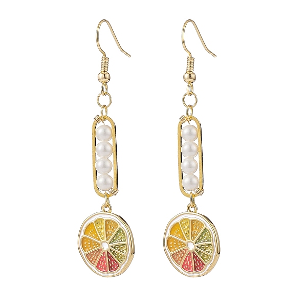 

PandaHall Shell Pearl with Enamel Lemon Dangle Earrings, 304 Stainless Steel Long Drop Earrings for Women, Golden, 62mm, Pin: 0.6mm Brass