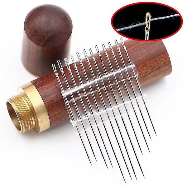 

PandaHall 12Pcs Galvanized Iron Self Threading Hand Sewing Needles, Easy Thread Big Eye Needle for Older Blind, with Column Wood Storage Box...