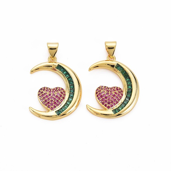 

PandaHall Brass Micro Pave Orchid & Green Cubic Zirconia Pendants, Nickel Free, Moon with Heart, Real 18K Gold Plated, 23x18x3mm, Hole...