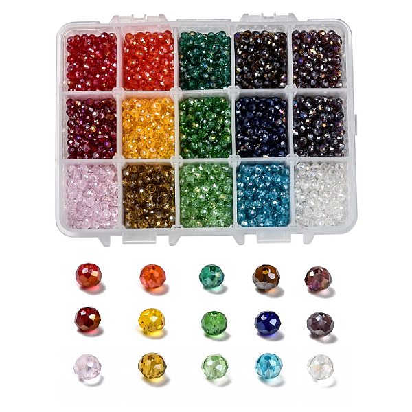 

PandaHall 15 Colors Electroplate Glass Beads, AB Color Plated, Faceted, Rondelle, Mixed Color, 4x3mm, Hole: 0.4mm, 15 colors, 200pcs/color..., Multicolor