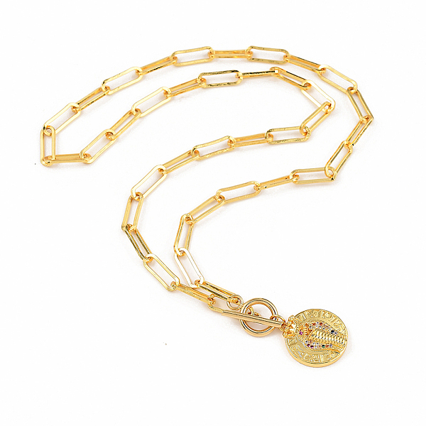 

PandaHall Brass Micro Pave Cubic Zirconia Pendant Necklaces, with Brass Paperclip Chains and 304 Stainless Steel Toggle Clasps, Flat Round...