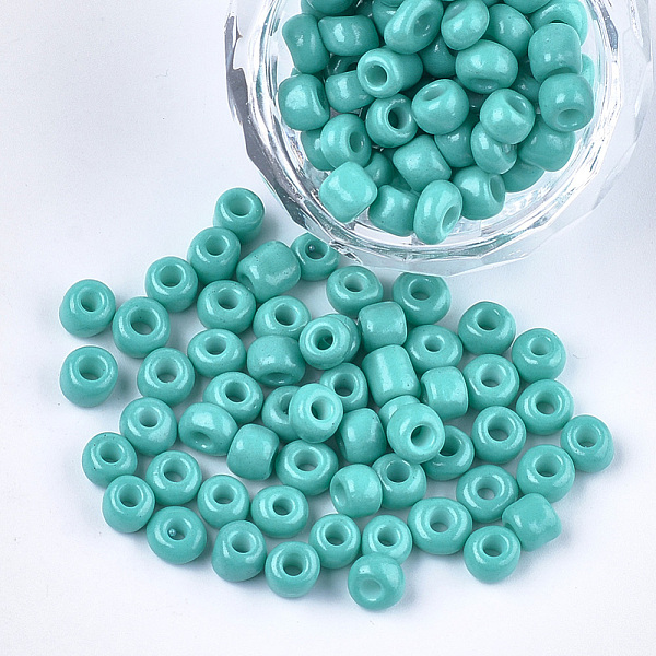 

PandaHall Baking Paint Glass Seed Beads, Round, Light Sea Green, 5~6x3~5mm, Hole: 1.2~2mm, about 2500pcs/bag Glass Green