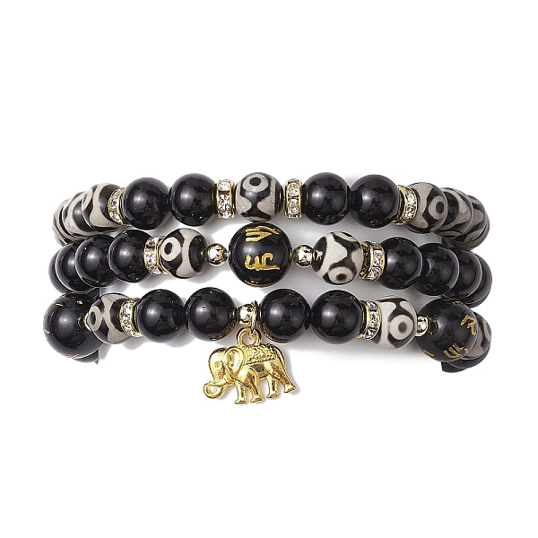 

PandaHall 3Pcs 3 Styles 8mm Round Natural Tibetan 3-Eye dZi Agate & Eyeless Obsidian Beaded Stretch Bracelet Sets, Golden Tone Elephant..., Black