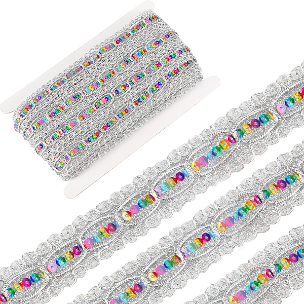 

PandaHall 15 Yards Polyester Braided Lace Ribbon, Wave Pattern Ribbon with Colorful Paillette, Clothing Accessories, Silver, 1~1-1/8 inch...