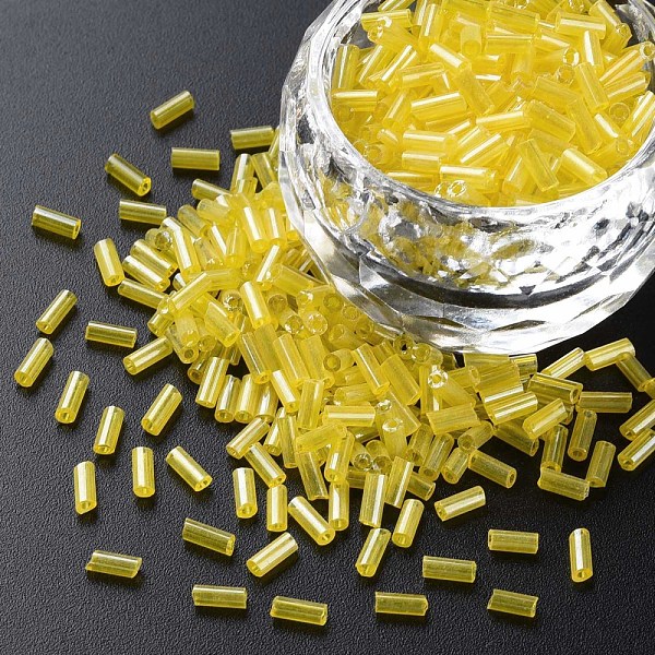 

PandaHall Transparent Colours Luster Glass Bugle Beads, Round Hole, Yellow, 3~8x2mm, Hole: 0.7mm, about 450g/pound Glass Yellow
