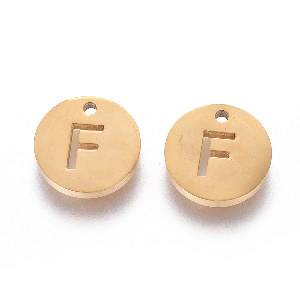 

PandaHall 304 Stainless Steel Charms, Ion Plating (IP), Flat Round, Letter.F, 10x1.5mm, Hole: 1mm 304 Stainless Steel Letter F
