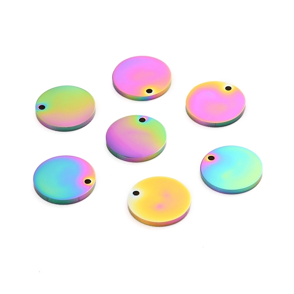 

PandaHall Ion Plating(IP) 304 Stainless Steel Charms, Polished, Stamping Blank Tag, Laser Cut, Flat Round, Rainbow Color, 10x1mm, Hole...