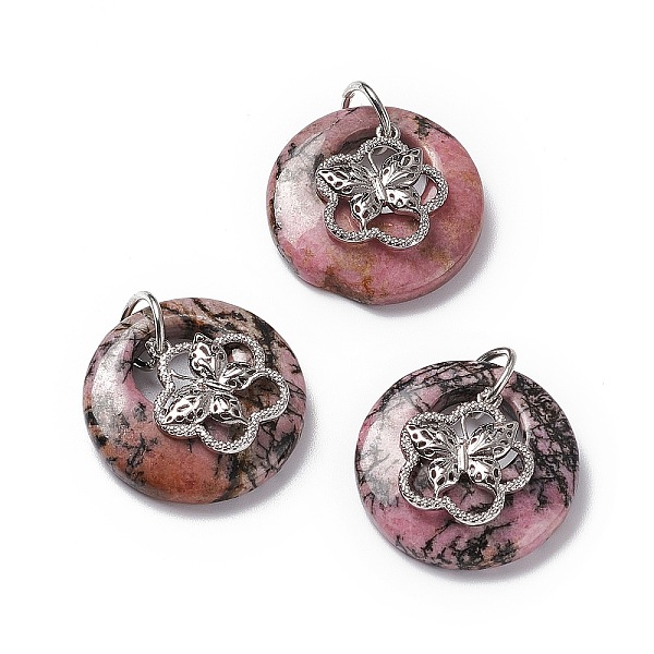 

PandaHall Natural Rhodonite Pendants, Flat Round Charms, with Platinum Tone Brass Flower with Butterfly Findings, Cadmium Free & Nickel Free...