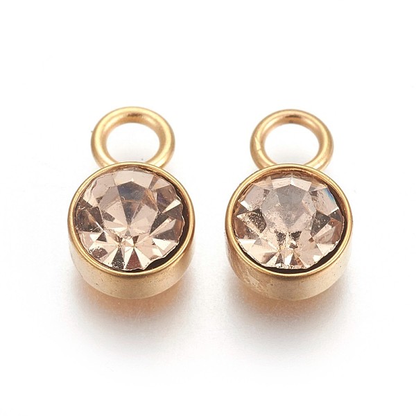 

PandaHall Glass Rhinestone Charms, November Birthstone Charms, with Golden Tone 201 Stainless Steel Findings, Flat Round, Lt.Col.Topaz..., Yellow