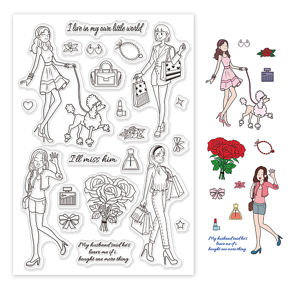 PandaHall GLOBLELAND Fashion Girls Clear Stamps Rose Dog Perfume Silicone Clear Stamp Seals for Cards Making DIY Scrapbooking Photo Journal...