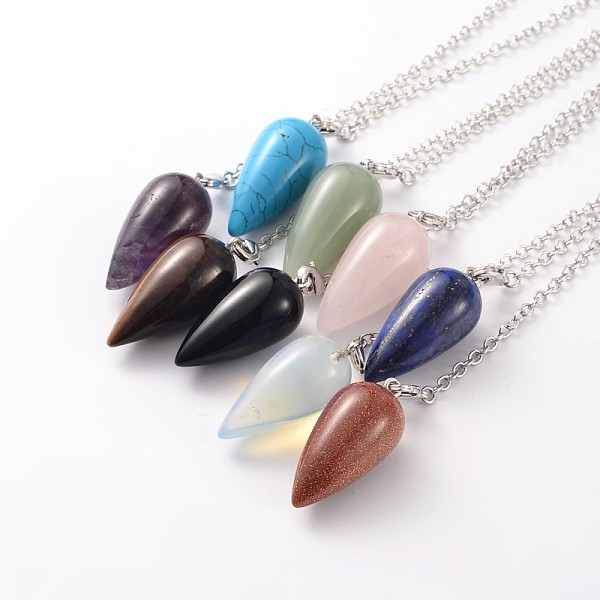 

PandaHall Teardrop Platinum Tone Brass Natural & Synthetic Mixed Stone Dowsing Pendulums, with Lobster Claw Clasps, 220x3mm Mixed Stone...