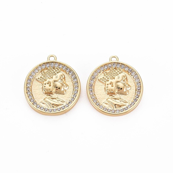 

PandaHall Brass Micro Pave Clear Cubic Zirconia Pendants, Nickel Free, Flat Round with Woman, Real 18K Gold Plated, 16x14x2mm, Hole: 1.2mm...