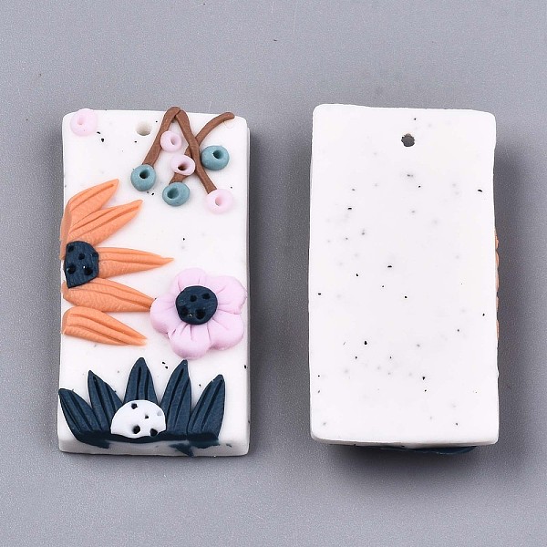 

PandaHall Handmade Polymer Clay Pendants, Rectangle with Flower, Floral White, 36~37x19x7mm, Hole: 1.6mm Polymer Clay Rectangle