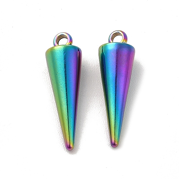 

PandaHall Ion Plating(IP) 201 Stainless Steel Pendants, Cone Charm, Rainbow Color, 18.5x5.5mm, Hole: 1.5mm 201 Stainless Steel Cone