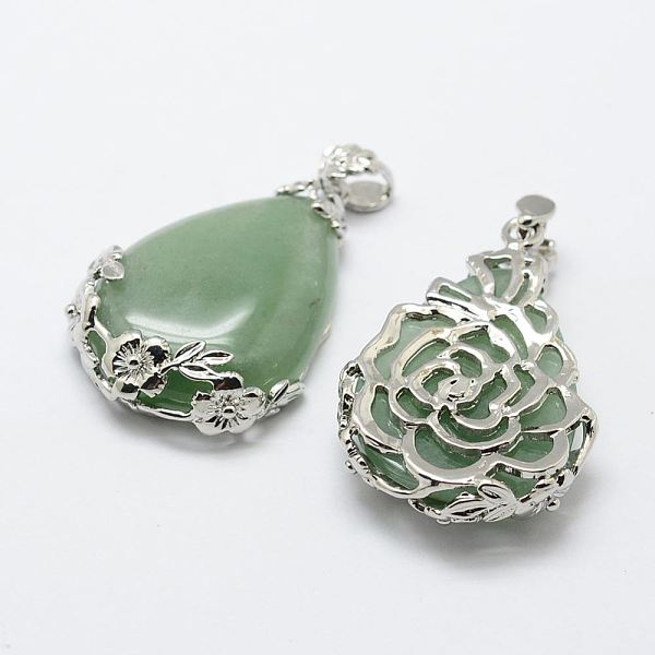 

PandaHall Natural Green Aventurine Pendants, with Brass Findings, teardrop, Platinum, 40.5x27x8.5mm, Hole: 4x6.5mm Green Aventurine Teardrop