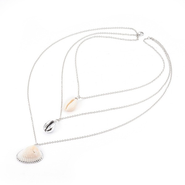 

PandaHall 316 Surgical Stainless Steel Tiered Necklaces, 3 Layer Necklaces, with Shell and Cowrie Shell Beads, Stainless Steel Color, 16.33...
