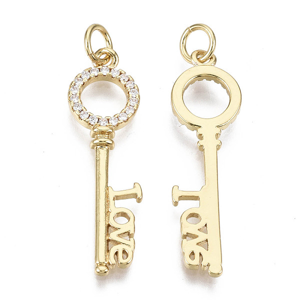 

PandaHall Brass Micro Pave Clear Cubic Zirconia Pendants for Valentine's Day, with Jump Ring, Nickel Free, Key with Word LOVE, Real 16K Gold...