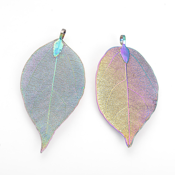 

PandaHall Electroplated Natural Leaf Big Pendants, with Iron Findings, Multi-color Plated, 50~80x20~35x1mm, Hole: 3x6mm Iron Leaf