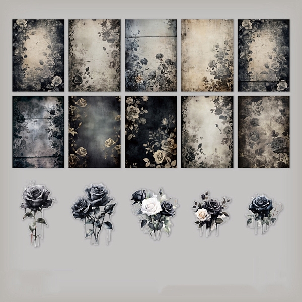 

PandaHall Flower Scrapbook Paper Pads & PET Stickers Set, for DIY Album Scrapbook, Background Paper, Diary Decoration, Black, 140x100mm...