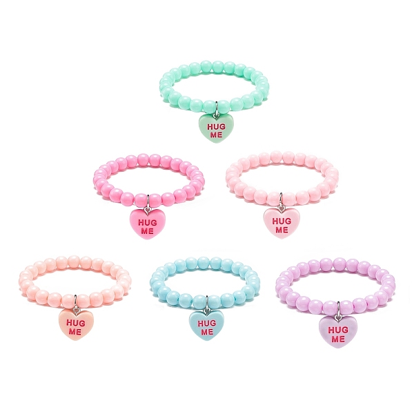 

PandaHall 6Pcs 6 Color Candy Color Acrylic Round Beaded Stretch Bracelets Set, Heart with Word Hug Me Resin Charms Stackable Bracelets for..., Multicolor