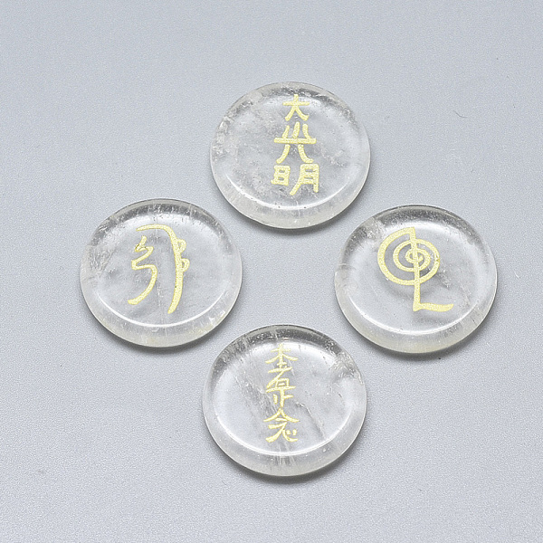 

PandaHall Synthetic Quartz Crystal Cabochons, Flat Round with Buddhist Theme Pattern, 25x5.5mm, 4pcs/set Quartz Crystal Flat Round