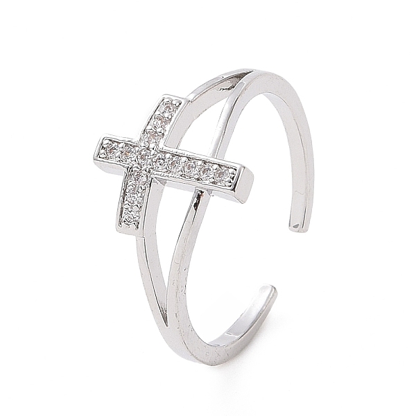 

PandaHall Brass Micro Pave Cubic Zirconia Rings, Open Cuff Ring, Religion Cross Ring for Women, Platinum, 1.5mm, Inner Diameter: 18mm..., Clear