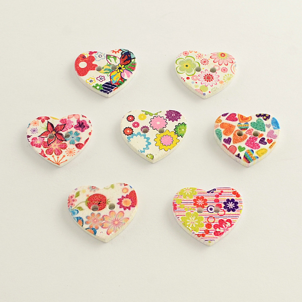 

PandaHall 2-Hole Printed Wooden Buttons, Heart with Flower, Mixed Color, 22x25x3~4mm, Hole: 3mm Wood Heart Multicolor