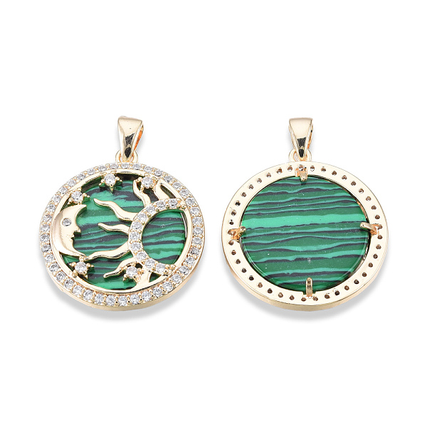 

PandaHall Brass Pave Clear Cubic Zirconia Pendants, with Natural Malachite, Cadmium Free & Nickel Free & Lead Free, Flat Round with Sun &...