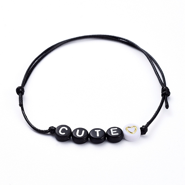 

PandaHall Adjustable Waxed Polyester Cord Beaded Bracelets, with Flat Round Acrylic Beads, Word Cute, Black, Inner Diameter: 2-1/8...