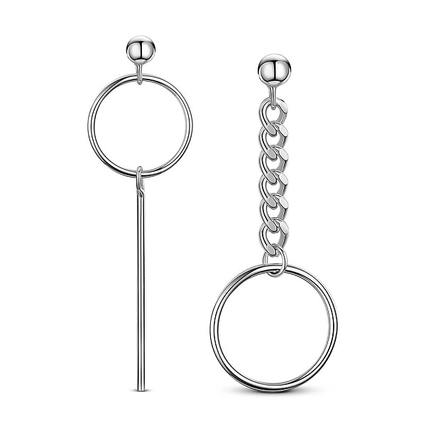 PandaHall SHEGRACE Stylish Rhodium Plated 925 Sterling Silver Stud Earrings, Asymmetrical Earrings, with Rings, Bar and Chain, Platinum...