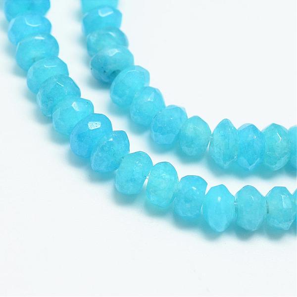 

PandaHall Natural White Jade Bead Strands, Dyed, Faceted, Rondelle, Deep Sky Blue, 4x3mm, Hole: 1mm, about 110~113pcs/strand, 13.78~14.17...