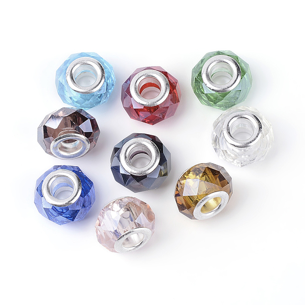 

PandaHall Pearlized Glass European Beads, Large Hole Beads, with Silver Color Plated Brass Double Cors, Faceted, Rondelle, Mixed Color..., Multicolor