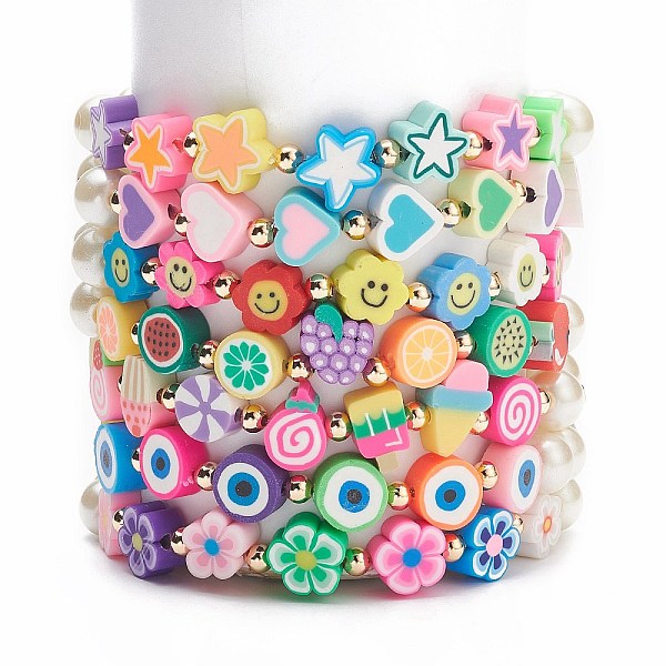 

PandaHall 7Pcs 7 Style Star & Smiling Face & Flower Polymer Clay Stretch Bracelets Set with Glass Pearl Beaded, Fruit Candy Preppy Bracelets..., Multicolor