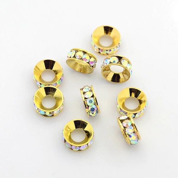 

PandaHall Grade A Brass Rhinestone Beads, Basketball Wives Spacer Beads for Jewelry Making, Rondelle, Golden, Clear AB, 10x4mm, Hole: 5mm..., White