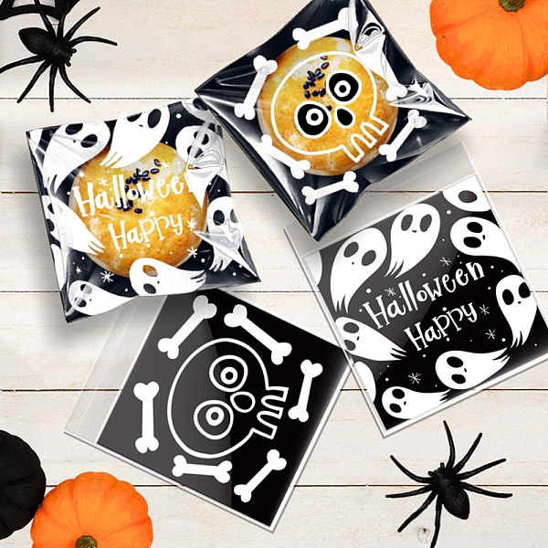 PandaHall Halloween Theme Plastic Bakeware Bag, with Self-adhesive, for Chocolate, Candy, Cookies, Square with Skull & Ghost, Black...