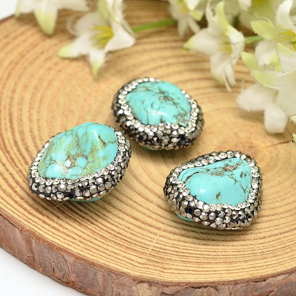 

PandaHall Nuggets Dyed Natural Magnesite Beads, with Polymer Clay Rhinestones, Turquoise, 20~24x14~22x8~14mm, Hole: 0.8mm Magnesite Nuggets..., Green