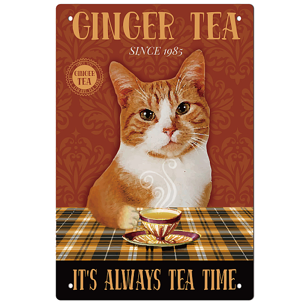 PandaHall GLOBLELAND Vintage Ginger Tea Cat Metal Iron Sign Plaque Poster Retro Metal Wall Decorative Tin Signs 11.8×7.9inch for Home Bar...