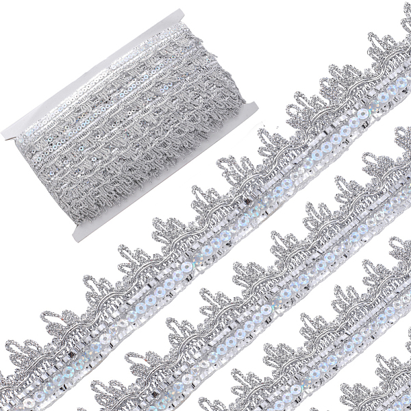 

PandaHall Sparkle Metallic Sequin Lace Trim, Single Edge with Waved Trimming, Silver, 1-1/4 inch(31mm), about 14.22 Yards(13m)/Card Fibre...