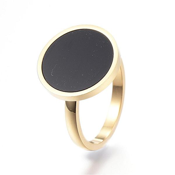 

PandaHall 304 Stainless Steel Finger Rings, with Resin, Flat Round, Size 7, Golden, 17mm Stainless Steel+Resin Black