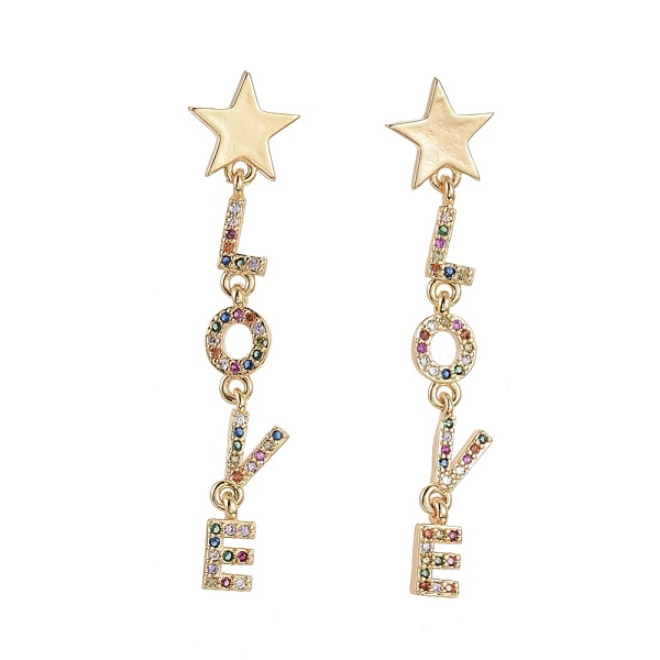 

PandaHall Brass Micro Pave Cubic Zirconia Dangle Stud Earrings, Star and Love, Golden, Colorful, 49mm, Pin: 0.7mm Cubic Zirconia