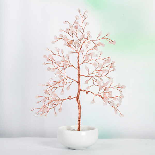 

PandaHall Undyed Natural Rose Quartz Chips Tree of Life Display Decorations, with Porcelain Bowls, Copper Wire Wrapped Feng Shui Ornament...