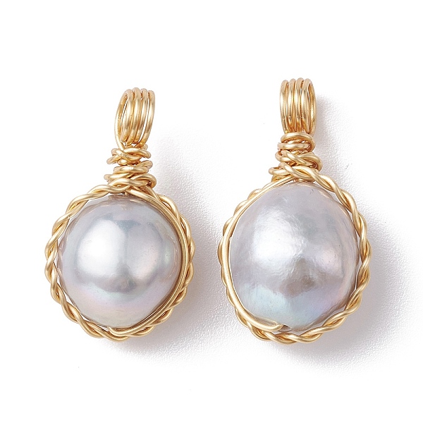 

PandaHall Natural Cultured Freshwater Pearl Copper Wire Wrapped Pendants, Round Charms, Golden, Silver, 18.5~21x11~12x7.5~9.5mm, Hole: 3mm...