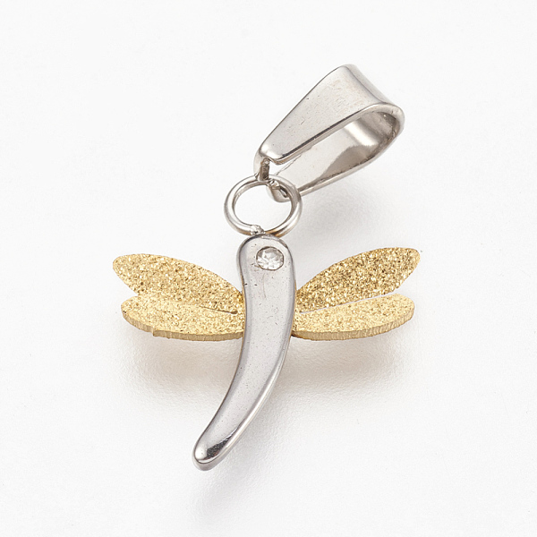 

PandaHall 304 Stainless Steel Textured Pendants, with Rhinestone, Dragonfly, Golden & Stainless Steel Color, 17x15.5x2mm, Hole: 4x6mm..., Clear