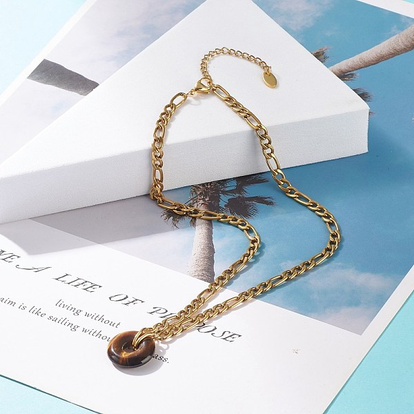 

PandaHall Natural Tiger Eye Donut Pendant Necklace, Gemstone Necklace with 304 Stainless Steel Figaro Chain for Women, Golden, 15.87 inch...