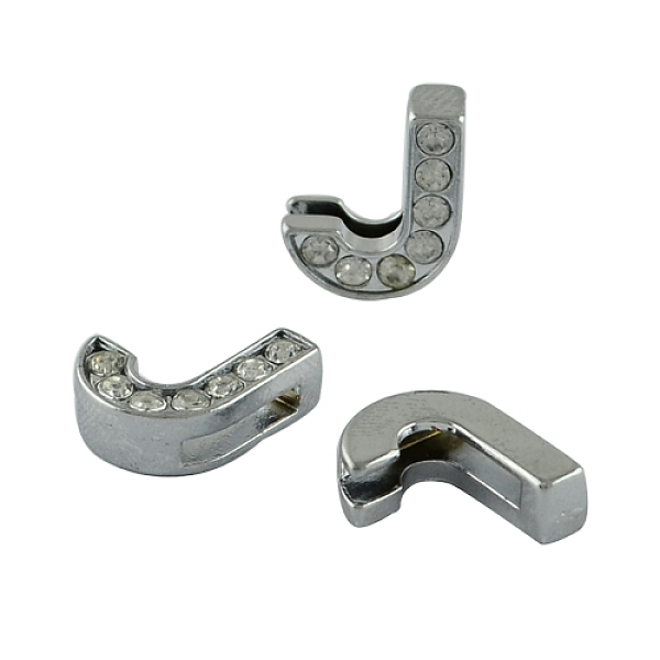 

PandaHall Alloy Initial Slide Charms with Grade A Rhinestones, Lead Free & Nickel Free, Platinum, Letter.J, 12~13x8~13x4~5mm, Hole: 8x2mm..., Clear